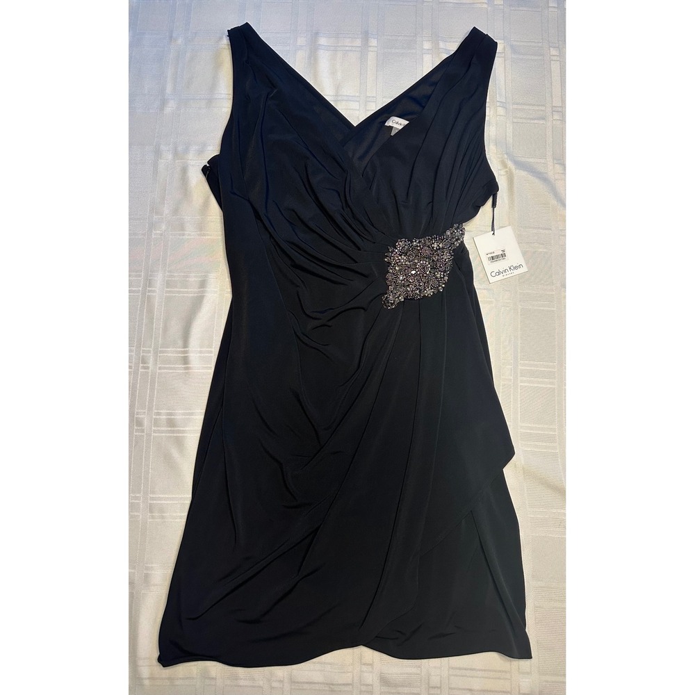 Calvin Klein Dress Womens 16 Black CD7B1383 Faux Wrap Ruched Crystal Brooch NEW